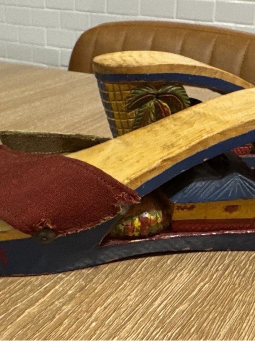 VTG 1940s Phillipines Hand Carved Wooden Wedge Sandals WWII Sz 6 Tiki Bar Decor